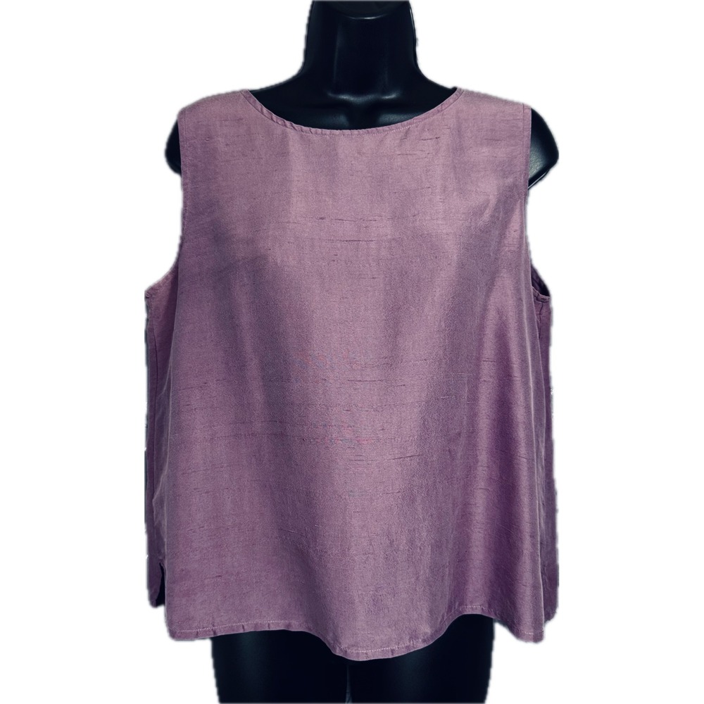 Eileen Fisher Raw Silk Tank Top M Purple Sleeveless Shell Slub Texture Round